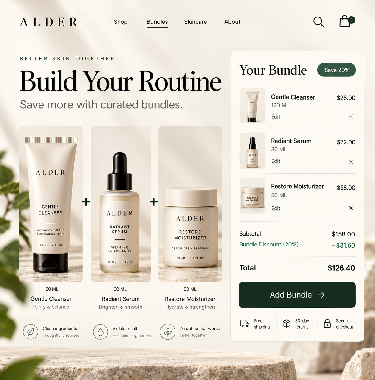 A bundle builder page design concept for a skincare storefront